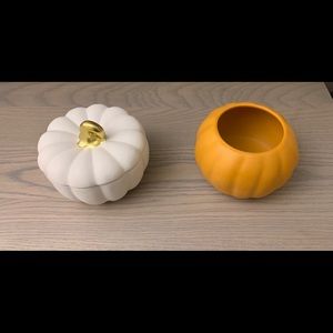 Pumpkin bundle- white ceramic jar with lid & open terra cotta bowl